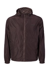 Dark brown lightweight hooded jacket with front zipper, elastic cuffs, side pockets, and adjustable drawstrings on the hood.