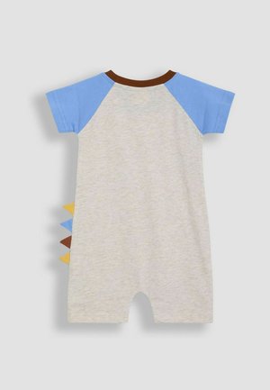 Kratki kombinezon s kratkim rukavima, svijetlosive boje, plavih rukava, smešnog izreza i žutih, plavih i smešnih leđnih šiljaka.