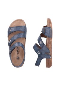 Blue leather sandals with three horizontal straps, natural-textured footbed, and a low cork heel. Features decorative stitching and metal accents.