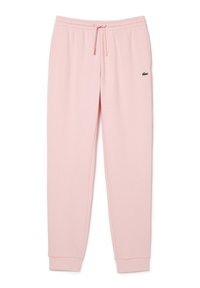Pantalones de chándal de algodón rosa con cintura elástica, puños acanalados y un pequeño logo verde en el muslo izquierdo. Textura suave, ajuste casual.
