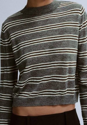 Gros plan d'une personne portant un pull en tricot gris avec des rayures horizontales blanches et marron et un pantalon noir, cadré au-dessus de la taille.
