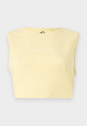 Yellow cropped sleeveless top with round neckline and small white Quiksilver logo centered on front.