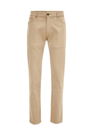 Beige cotton denim pants with a slim fit, four pockets, and a front button closure. Features subtle stitching detail along the seams.