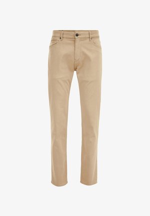 Beige puuvilladenim-housut slim fit -mallissa, joissa on neljä taskua ja edessä nappikiinnitys. Saumojen varrella on hienovarainen ompeluyksityiskohta.