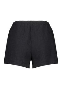 Černé lněné šortky s elastickým pasem, s uvolněným střihem a hladkým povrchem. Jednoduchý design bez dalších detailů.