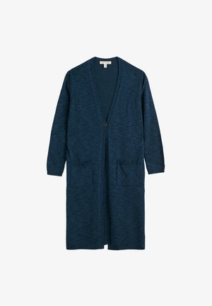 Cardigan lung din tricot bleumarin, cu două buzunare frontale, decolteu în V, mâneci lungi și închidere cu un singur nasture.