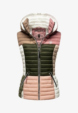 Gepolsterte Weste mit Kapuze, in einer Mischung aus Farben wie olivgrün, rosa und weiß. Zwei vordere Reißverschlusstaschen und ein zentraler Reißverschluss.