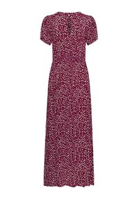 Robe midi violette à manches courtes avec un motif de points blancs irréguliers, avec une taille cintrée et un décolleté en forme de goutte.