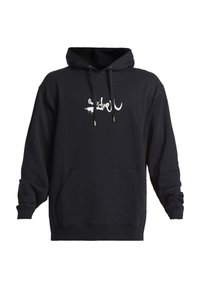Sudadera negra hecha de una mezcla de algodón, con un bolsillo tipo canguro, capucha con cordón y un logo blanco impreso en la parte delantera.