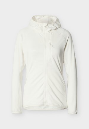 Witte capuchonjas met een gestructureerd, geribd ontwerp. Voorzien van ritszakken aan de voorkant en een verstelbare trekkoord bij de capuchon voor een stevige pasvorm.