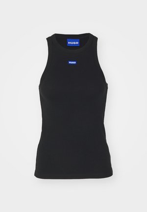 Zwarte geribbelde tanktop van katoen. Heeft een ronde halslijn en een blauw logo-embleem op de borst. Rechte zoom aan de onderkant.