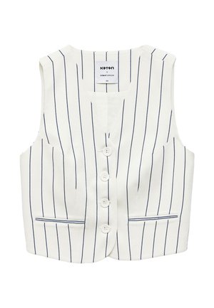 Gilet blanc à rayures verticales bleu marine, avec un décolleté en V profond, cinq boutons et deux poches avant. Fabriqué en tissu léger.