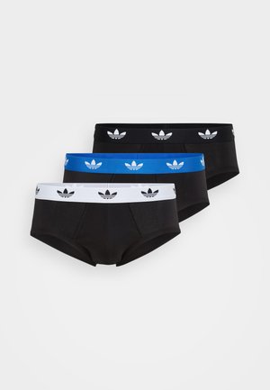 Zwarte katoenen slips met een blauwe elastieken tailleband voorzien van een herhaald wit logo ontwerp. De pasvorm is snug, met een klassieke slipvorm.