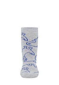 Graue kniehohe Socke mit blauem Fischmuster, aus gestricktem Stoff gefertigt. Verfügt über einen gerippten Abschluss und eine glatte Textur.