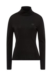 Black turtleneck made of soft fabric, featuring long sleeves and a fitted design. Notable detail: small heart-shaped embellished logo on chest.