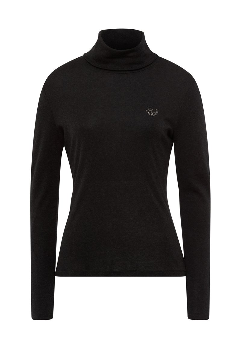 Black turtleneck made of soft fabric, featuring long sleeves and a fitted design. Notable detail: small heart-shaped embellished logo on chest.