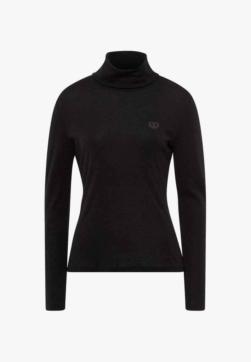 Black turtleneck made of soft fabric, featuring long sleeves and a fitted design. Notable detail: small heart-shaped embellished logo on chest.
