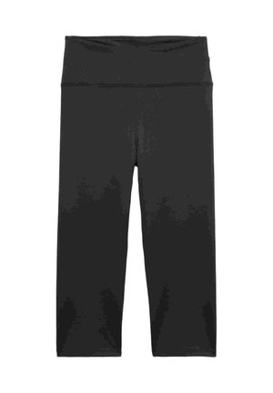 Sorte cropped leggings med høj talje, bred linning, glat stof og uden synlige logoer eller mønstre på hvid baggrund.