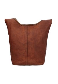 Brown leather tote bag with a soft, structured design and open top. Features a clean finish with visible stitching along the edges.