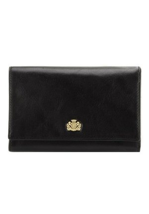 Black leather wallet featuring a fold-over design, a gold emblem on the front, and smooth texture with stitching accents.