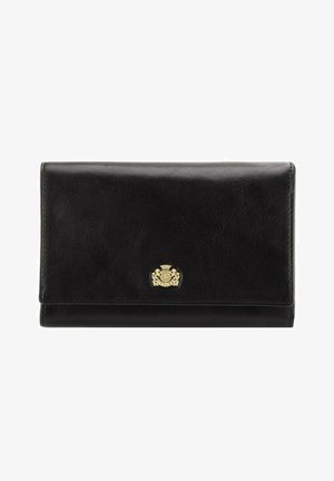 Black leather wallet featuring a fold-over design, a gold emblem on the front, and smooth texture with stitching accents.