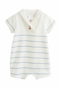 Prugasti romper z belo osnovo in svetlo modrimi prugami, ovratnikom s šalom in zapenjanjem na gumb ter s pritiskači na dnu.