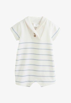 Mono corto a rayas con base blanca y rayas azul claro, cuello tipo chal con cierre de botón y botones a presión en la parte inferior.