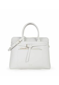 Borsa a mano strutturata in pelle bianca con due manici e una tracolla regolabile. Dotata di una tasca frontale con zip e di un accento a cintura piatta rimovibile.
