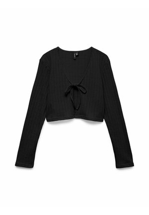Cardigan court noir à manches longues en maille texturée avec fermeture à nouer à l'avant, doté d'un décolleté en V et de manches ajustées.