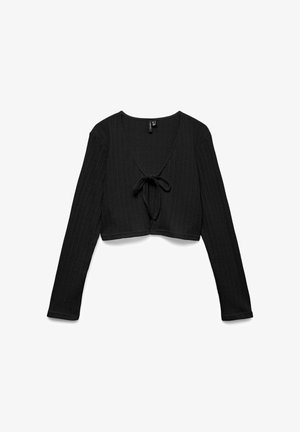 Cardigan court noir à manches longues en maille texturée avec fermeture à nouer à l'avant, doté d'un décolleté en V et de manches ajustées.