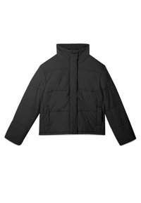 Zwarte gewatteerde jas met een hoge kraag, lange mouwen en een cropped ontwerp. Heeft horizontale quiltpatronen en zijzakken.