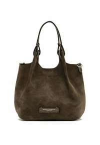 Borsa in suede marrone scuro con due manici e un patch in pelle rettangolare con il logo Gianni Chiarini Firenze sulla parte anteriore.
