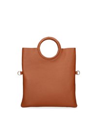 Borsa tote in pelle marrone con finitura textured, dotata di manico circolare e dettagli laterali a loop. Forma rettangolare semplice.