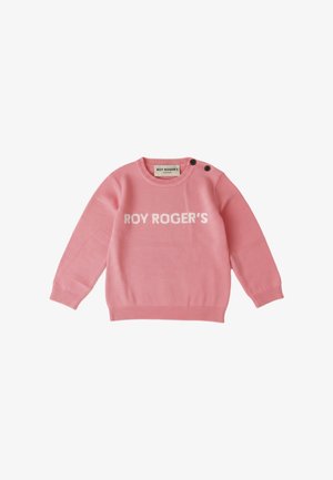 Maglione rosa a maniche lunghe in maglia con la scritta "ROY ROGER'S" in bianco e due bottoni neri sulla spalla sinistra.