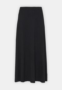 Black maxi skirt with a smooth texture, a fitted waist, and a flared silhouette, featuring clean lines and no visible patterns or accents.