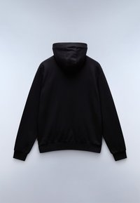 Sudadera con capucha negra que presenta una textura suave, puños elásticos y un dobladillo acanalado. La parte posterior es lisa, sin logotipos ni adornos visibles.