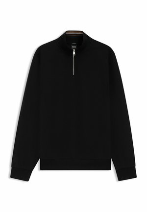 Black sweatshirt with a high collar, half-zip closure, and striped detail at the neck. Smooth texture and long sleeves. Casual design.