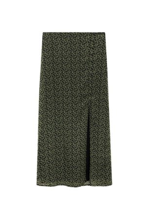 Floral-patterned skirt in dark green with a side slit. Lightweight fabric, mid-length design with a smooth texture.