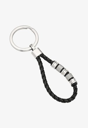 Portachiavi in pelle intrecciata nera con un anello metallico argento e accenti decorativi argentati. Caratterizzato da un motivo texture nelle sezioni metalliche.