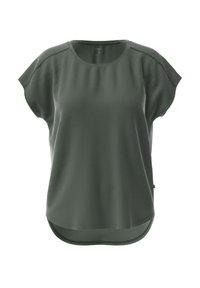 Green short-sleeve top made from a textured material. Features a rounded neckline and a curved hem at the bottom, providing a relaxed fit.