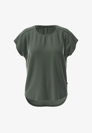 Haut vert à manches courtes en matériau texturé. Présente un col rond et un ourlet arrondi en bas, offrant une coupe décontractée.