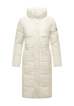 Padded knee-length coat in off-white. Features a high collar, adjustable drawstring waist, and two front pockets. Smooth texture.
