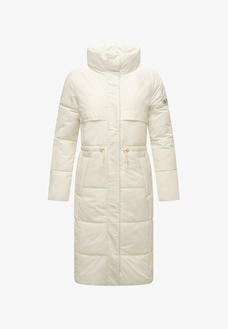 Padded knee-length coat in off-white. Features a high collar, adjustable drawstring waist, and two front pockets. Smooth texture.
