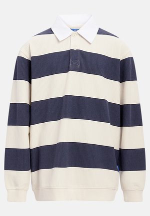 Rugby tričko s dlouhým rukávem s širokými vodorovnými námořnickými a krémovými pruhy, bílým límcem a dvouknoflíkovým zavíráním, vyrobené z žebrované tkaniny.