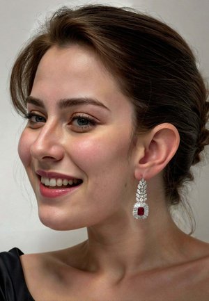 Silver earrings with a red gem at the center, featuring a leaf-like design and sparkling accents, worn by a smiling model.