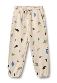 Pantalones deportivos beige con cintura elástica, con un patrón juguetón de pájaros en tonos verde oscuro, azul y azul claro.