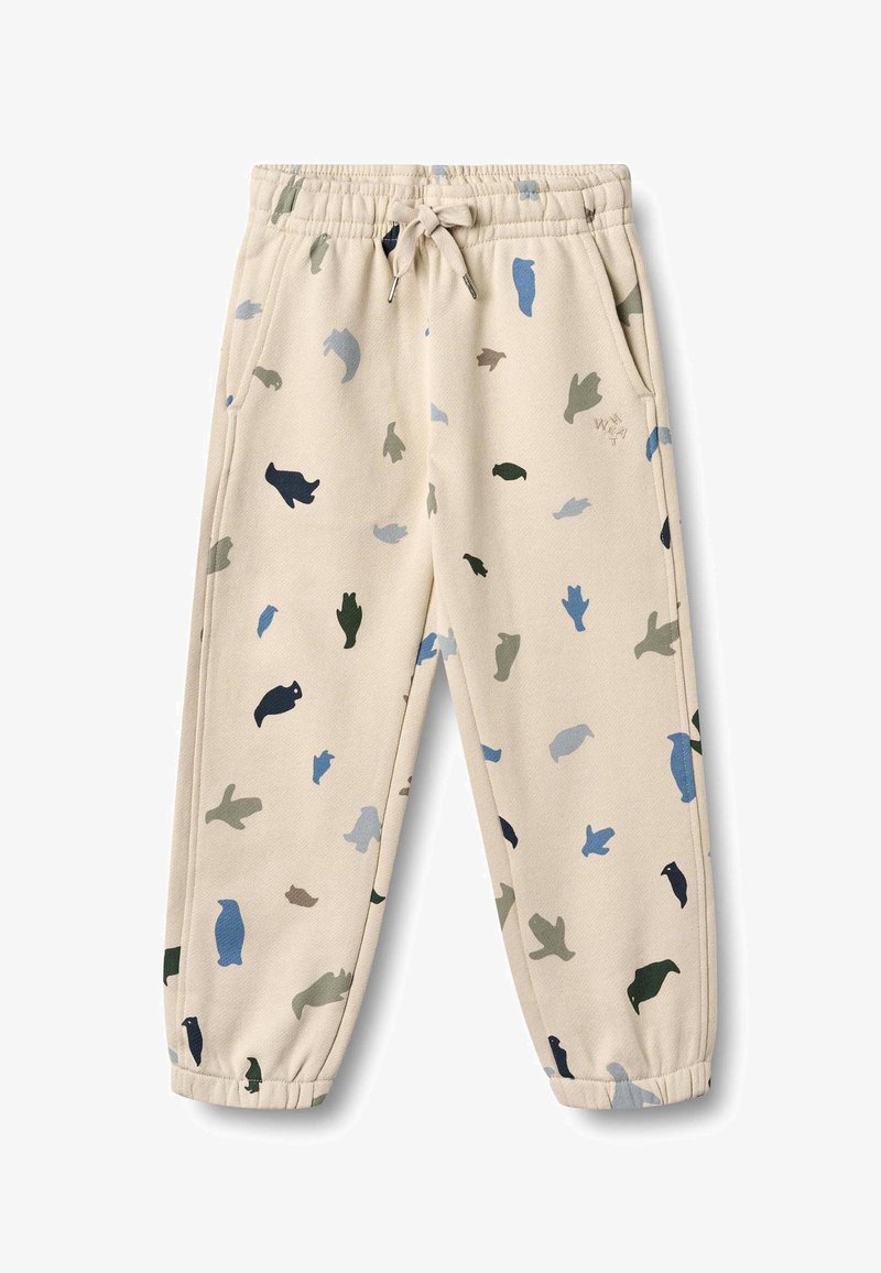 Pantalones deportivos beige con cintura elástica, con un patrón juguetón de pájaros en tonos verde oscuro, azul y azul claro.