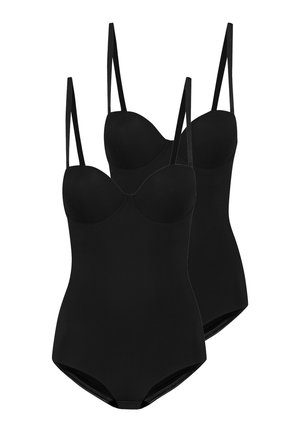 Zwarte bodysuits met dunne verstelbare bandjes en gevoerde cups, gekenmerkt door een gladde, rekbare stof en een aansluitende pasvorm. Twee stuks inbegrepen.