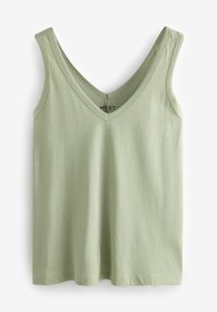 Top sin mangas de color verde claro con un escote en V profundo, hecho de una tela suave. Presenta un corte relajado y un diseño limpio y simple. Etiqueta de la marca: NEXT.