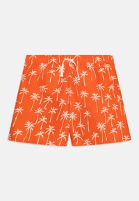 Shorts de bain orange avec motif de palmiers blancs, taille élastique et fermeture à cordon. Fabriqués en tissu léger et à séchage rapide.